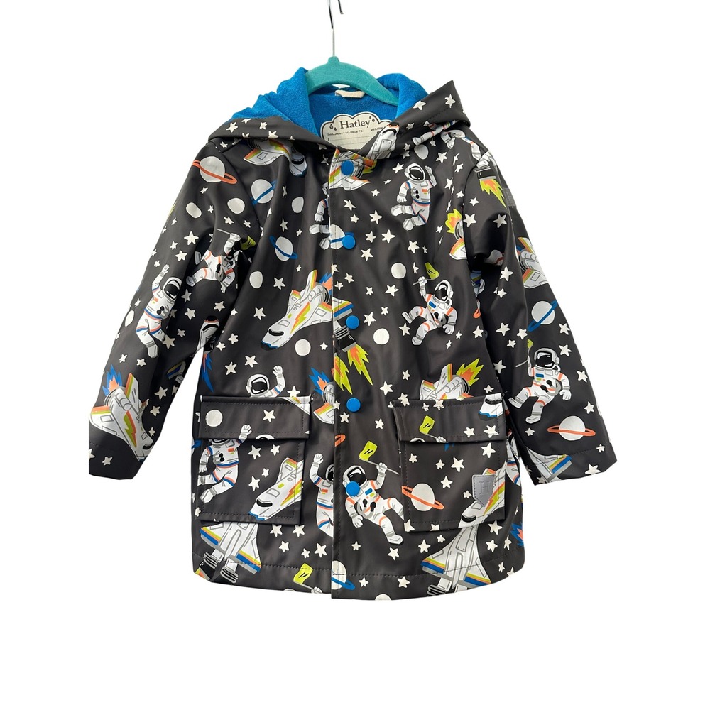 Hatley Kids Space Astronaut Print Hooded Raincoat Blue Terry Lined Size 5 preppy